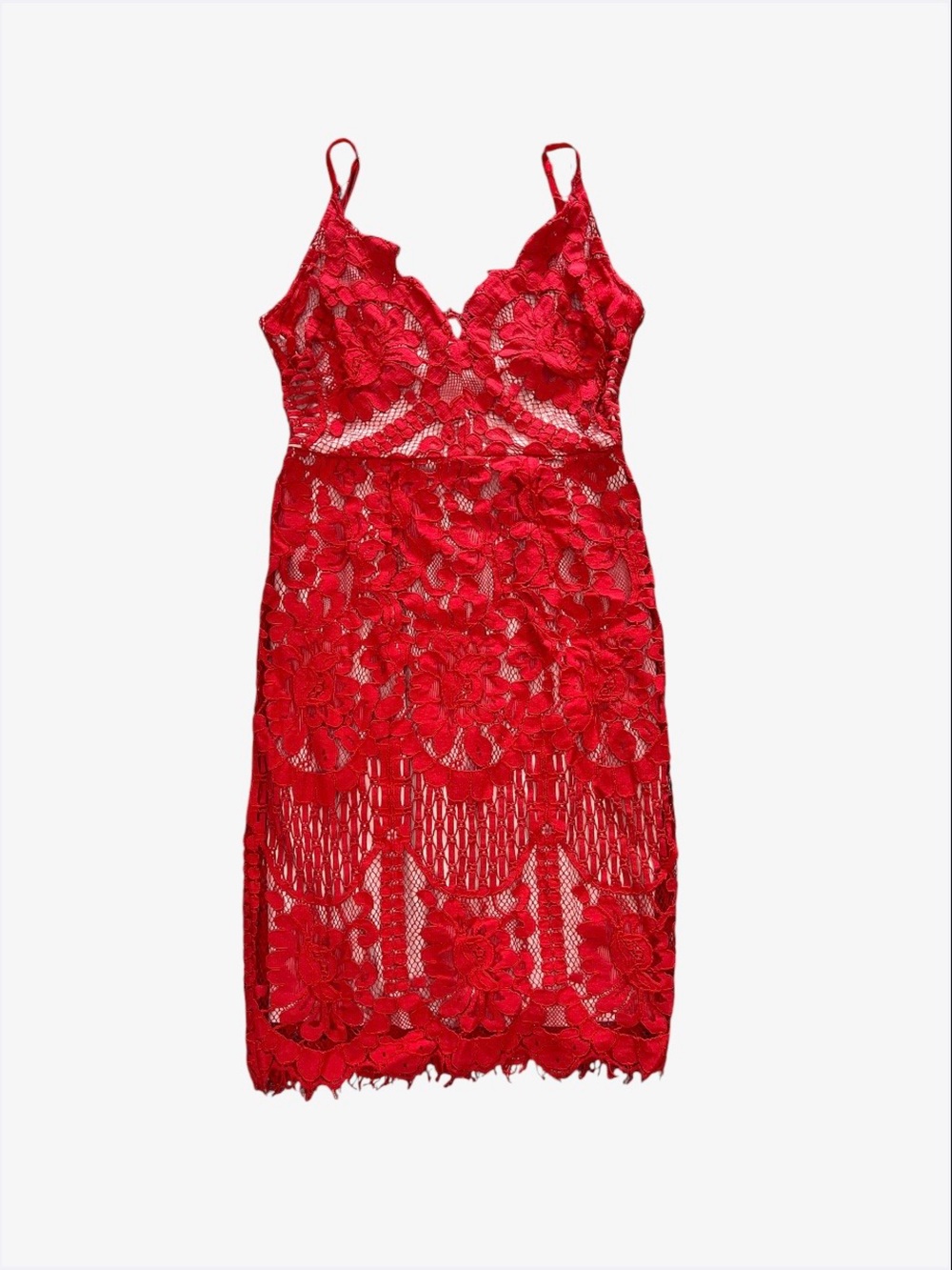 A.Peach Red Lace Mini Dress with Nude Bodysuit Lining - Size Small